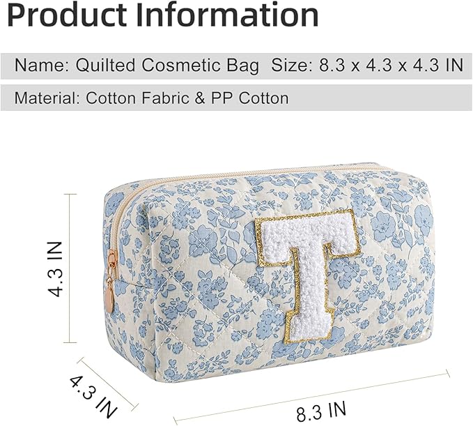 Gleyemor Personalized Initial Makeup Bag for Women, Cute Quilted Blue Floral Cotton Cosmetic Bag, Christmas Gifts for Her Mom Friend Sister Bridesmaid Teacher Women T