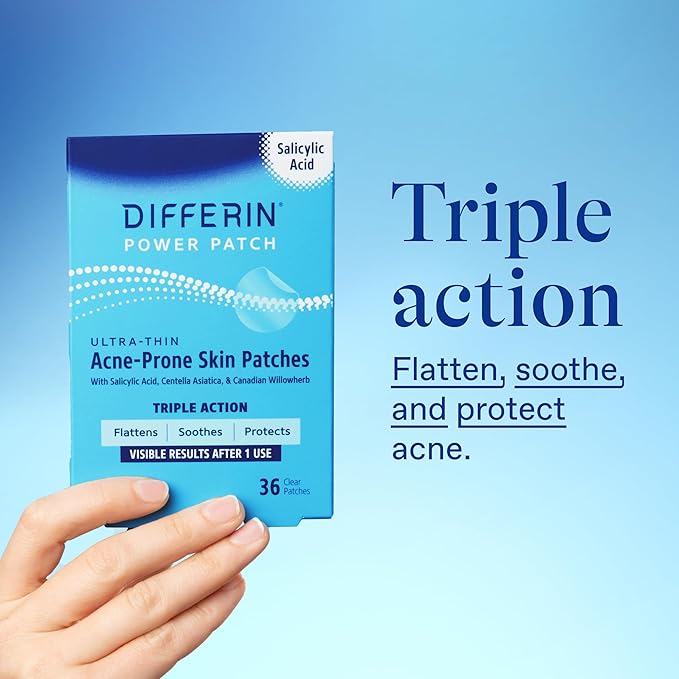 Differin Acne Patches, Pimple Patches for Acne Prone Skin, Formulated with Salicylic Acid and Centella, Fast Triple Action Power Patch for Day & Night, Dermatologist Tested, 36 Count (Pack of 12)