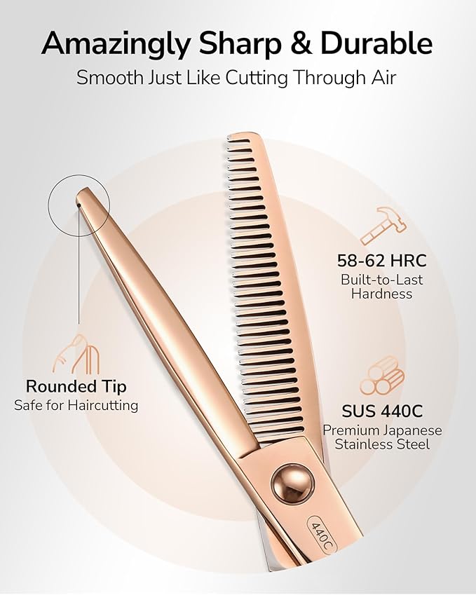 ULG Professional V-Tooth Hair Thinning Scissors Luxury 18K Rose Gold Coated 6.5" Barber Scissors 440C Japanese Stainless Steel Hand-Honed Convex Blades Offset Handles Tension Adjustable, Right-Handed