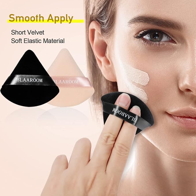 BLAAROOM 12 Pieces Velour Pure Cotton Powder Puff Face Makeup Triangle Powder Puffs for Loose Powder Wet Dry Cosmetic Foundation Beauty Sponge Makeup Tools -Black & Nude