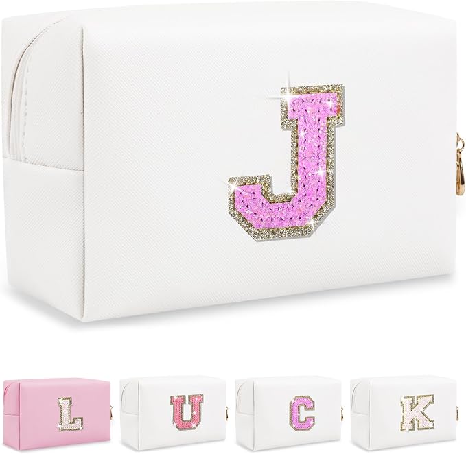 Initial Letter Patch Makeup Bag, Small Preppy A-Z Glitter Letter Cosmetic Bag, PU Leather Waterproof Travel Toiletry Bag, Cute Make Up Pouch Personalized Monogrammed Gift for Women Teen Girls