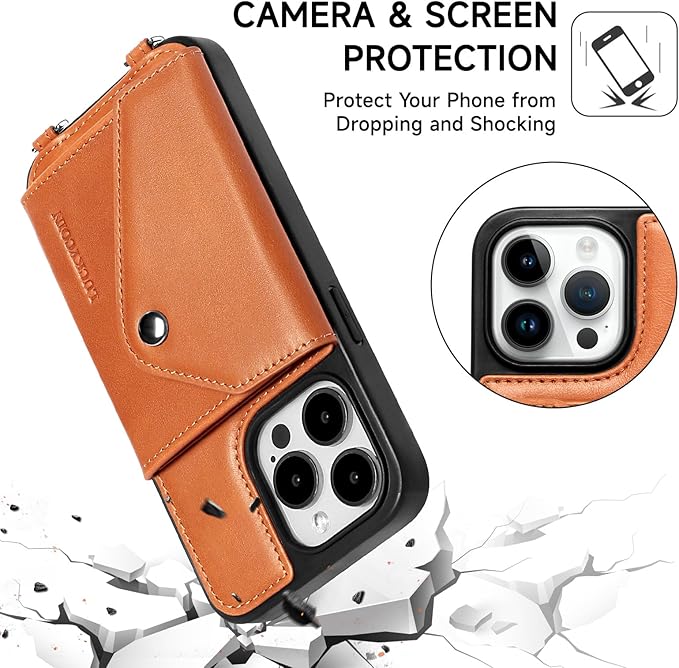 LUCKYCOIN Crossbody Wallet Phone Case for iPhone 14 Pro,100% Genuine Leather Wallet Phone Case with Expandable Flip Card Holder,Phone Purse for Women with Adjustable Removable Strap - Brown