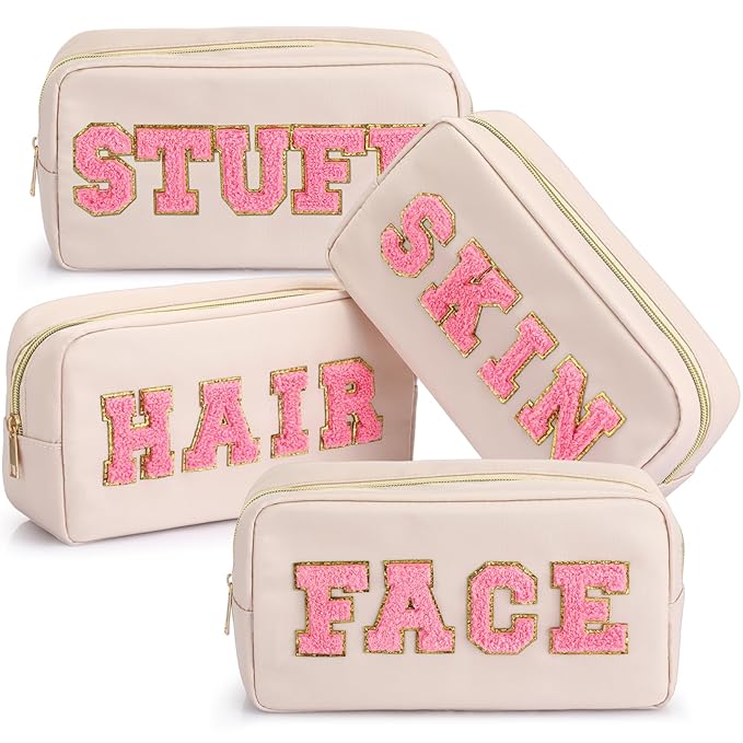 Remerry 4 PCS Nylon Cosmetic Bags Waterproof Spacious Travel Makeup Organizer for Women Chenille Letter Preppy Zipper Pouch Face Stuff Skin Hair Organizer Gift(Gentle White)