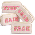 Remerry 4 PCS Nylon Cosmetic Bags Waterproof Spacious Travel Makeup Organizer for Women Chenille Letter Preppy Zipper Pouch Face Stuff Skin Hair Organizer Gift(Gentle White)