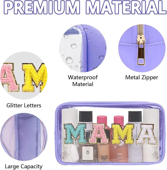 Iqimott Clear Patch Makeup Bag Mama Pouch, Preppy Personalized Chenille Letter Cosmetic Pouch for Travel, Nylon Waterproof Travel Essentials Zipper Toiletry Bags for Women Girls(MAMA, Purple)