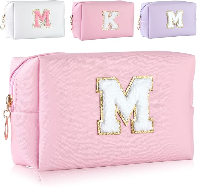MSQ Personalized Makeup Bag Initial A-Z Patch Bag, PU Leather Cosmetic Bag Pouch Travel Toiletry Bag with Zipper, Gift Ideal for Teen Girls Friend Mom Women Birthday (Pink M)