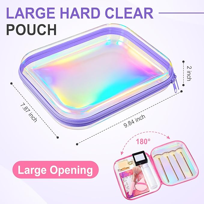 Sanwuta 6 Pcs Clear Hard Zipper Case Hard Plastic Zipper Pouches Makeup Bag Pencil Pouches Transparent Cases for Snacks Plastic Storage Organizer Box for Travel(Holographic,9.84 x 7.87 x 2 Inch)