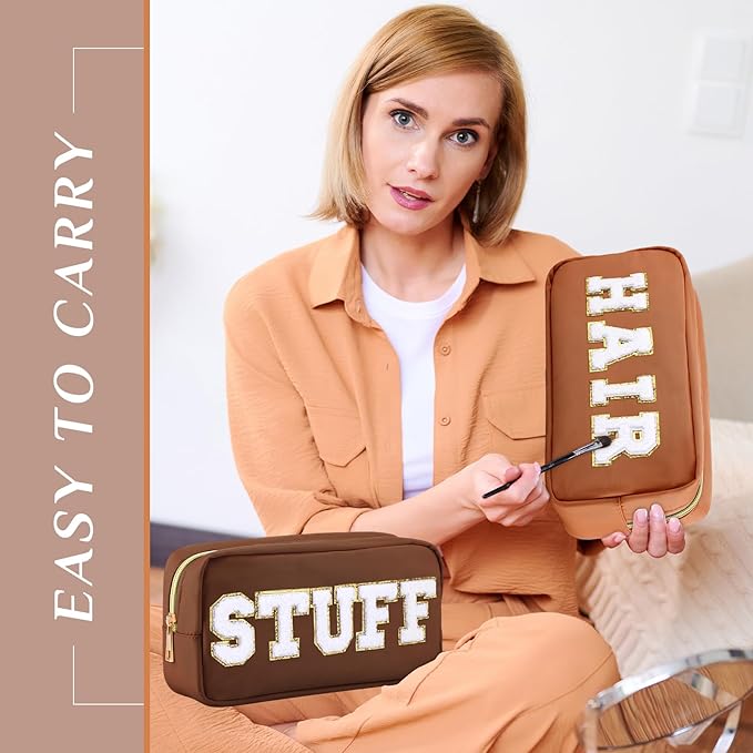 Remerry 4 PCS Nylon Cosmetic Bags Waterproof Spacious Travel Makeup Organizer for Women Chenille Letter Preppy Zipper Pouch Face Stuff Skin Hair Organizer Gift(Brown Series)