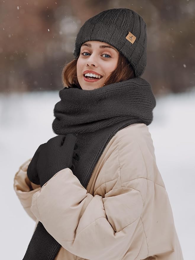 Winter Beanie Hat Scarf Gloves, Warm Fleece Knit Hat Long Scarf Neck Warmer Touch Screen Winter Gloves Set Gifts for Women