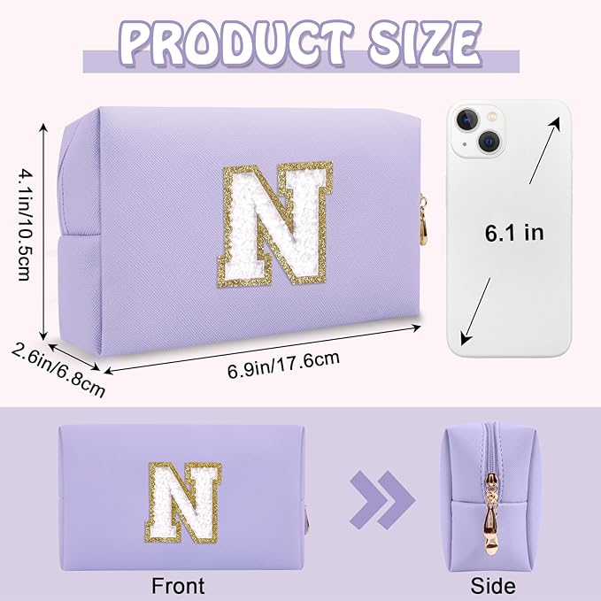 Chenille Letter Personalized Initial Preppy Makeup Bag, Small Cute Purple Cosmetic Zipper Pouch Travel Toiletry Bags, Waterproof PU Monogram Make Up Organizer Gifts for Nurse Nieces Teacher(Letter N)