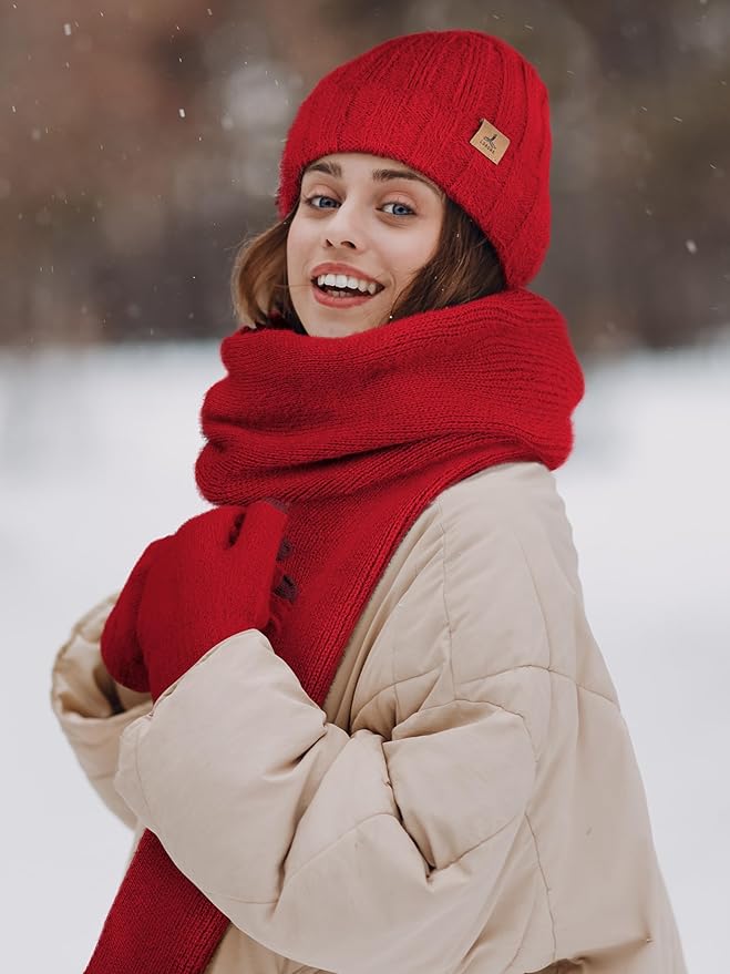 Winter Beanie Hat Scarf Gloves, Warm Fleece Knit Hat Long Scarf Neck Warmer Touch Screen Winter Gloves Set Gifts for Women