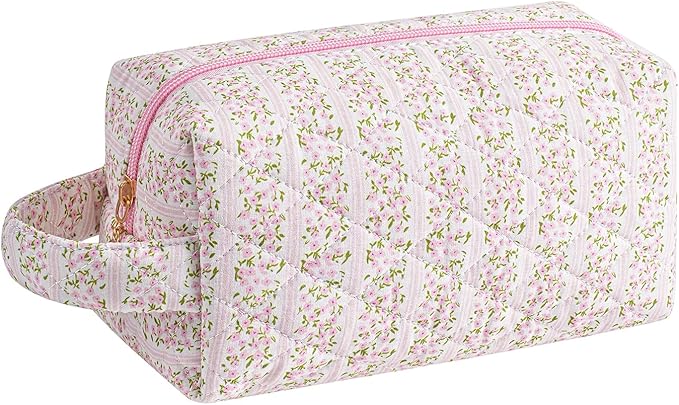 JOVAKIT Travel Makeup Bag Cosmetic Bag for Women, Christmas Gifts, Small Floral Flowers Coquette Toiletry Bag with Handle, Zipper Make Up Pouch Organizer Bag Trendy Stuff (Pink Floral)