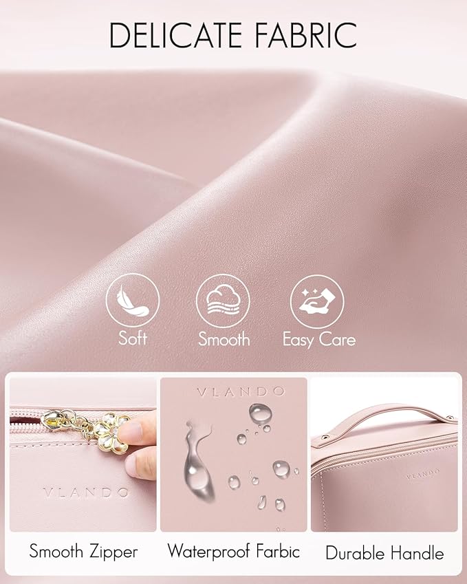 Vlando Makeup Bag,Large Capacity Toiletry Bag for Women Waterproof Portable Make up Pouch PU Leather Open Flat Cosmetic Bag(Peach Pink)