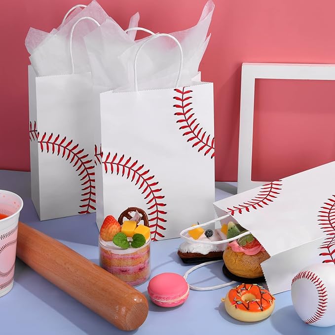 durony 16 Pieces Baseball Party Favor Bags with Handles Tissue Paper Gift Bags Goodie Candy Treat Bag for Birthday, Baseball Themed Party Supplies (8.6 x 6.2 x 3.1 Inches)