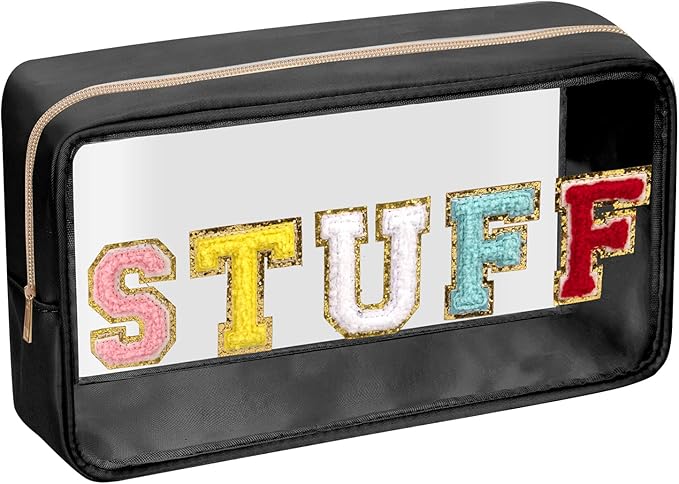 Iqimott Clear Patch Makeup Bag Stuff Pouch, Preppy Personalized Chenille Letter Cosmetic Pouch for Travel, Nylon Waterproof Organizer Travel Essentials Zipper Toiletry Bags for Women Girls(Black)