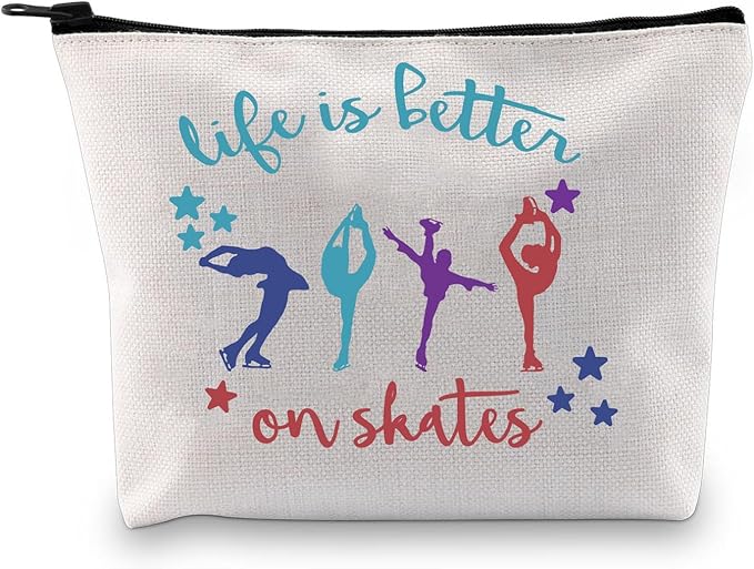 Ice Skate Cosmetic Bag Figure Skating Makeup Bag - Ideal Gift for Skate Lovers - Life Is Better On Skates Makeup Pouch Large Capacity Canvas Travel Bags