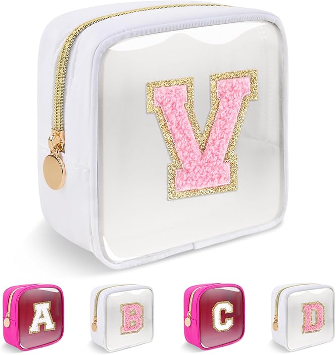 Personalized Initial Letter Clear Preppy Makeup Bag,Mini Nylon Chenille Letter Cosmetic Bag Cute Zipper Pouch Purse for Teen Girls,Portable TSA Approved Beach Travel Essentials Bag Gift for Women,V