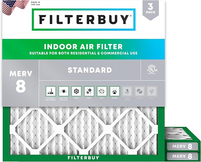 Filterbuy 25x25x1 Air Filter MERV 8 Essential Dust & Allergy Defense, by Filterbuy