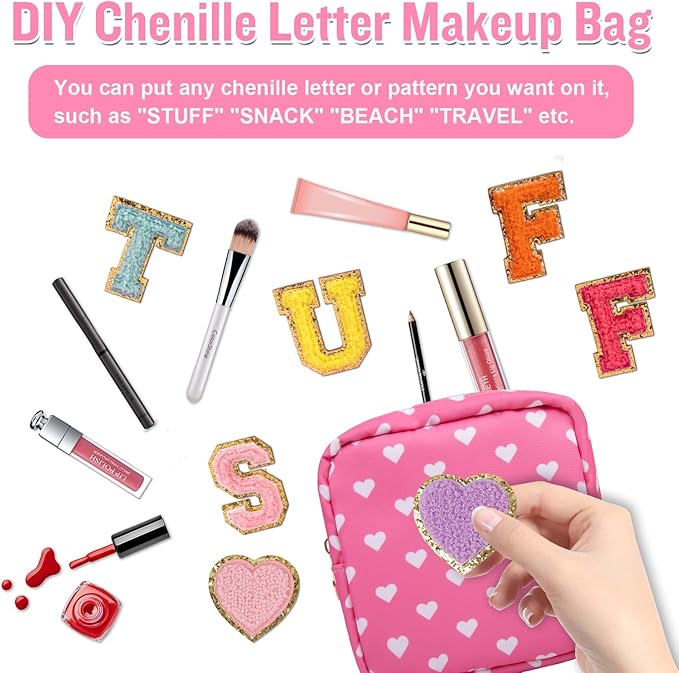 Nylon Mini Makeup Bag for Purse - Small Cute Cosmetic Zipper Pouch - Waterproof Travel Coin Pouch - Sanitary Napkin Storage - Make Up Organizer for Women & Girls (Pink Heart)