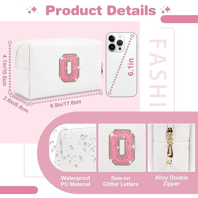 Small Initial Patch Makeup Bag Personalized Gifts Make Up Bag,White Cute PU Leather Glitter Letter Cosmetic Bag with Zipper,Trendy Portable Travel Toiletry Pouch,Preppy Stuff for Teen Girls Women O