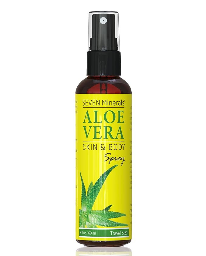 Seven Minerals Travel Size Organic Aloe Vera Spray with 100% Pure Aloe From Freshly Cut Aloe Plant, Not Powder - No Xanthan,So It Absorbs Rapidly With No Sticky Residue (2 fl oz)