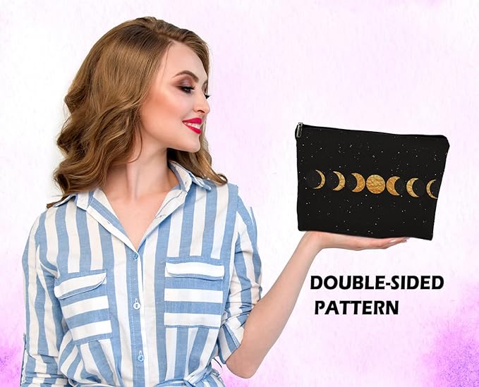 Abstract Boho Minimalist Moon Phases Cosmetic Bag, Mid Century Bohemian Modern Art Makeup Bag Zipper Cosmetic Pouch Bag Travel Linen Makeup Organizer, Boho Gifts for Women Teen Girls Her Teens