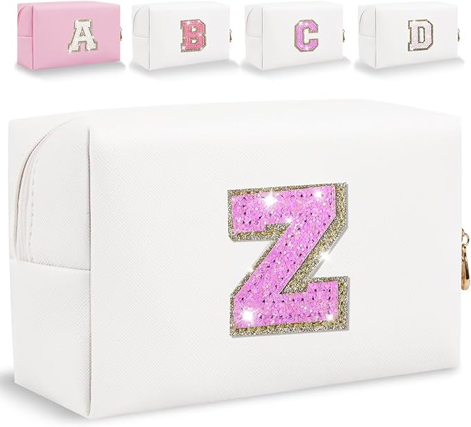 Glitter Initial Letter Makeup Bag, Small Personalized Sequins Letters PU Leather Cosmetic Bag Portable Waterproof Makeup Zipper Pouch, Shine Handbag Organizer Travel Bag Gifts for Women&Girls(White-Z)