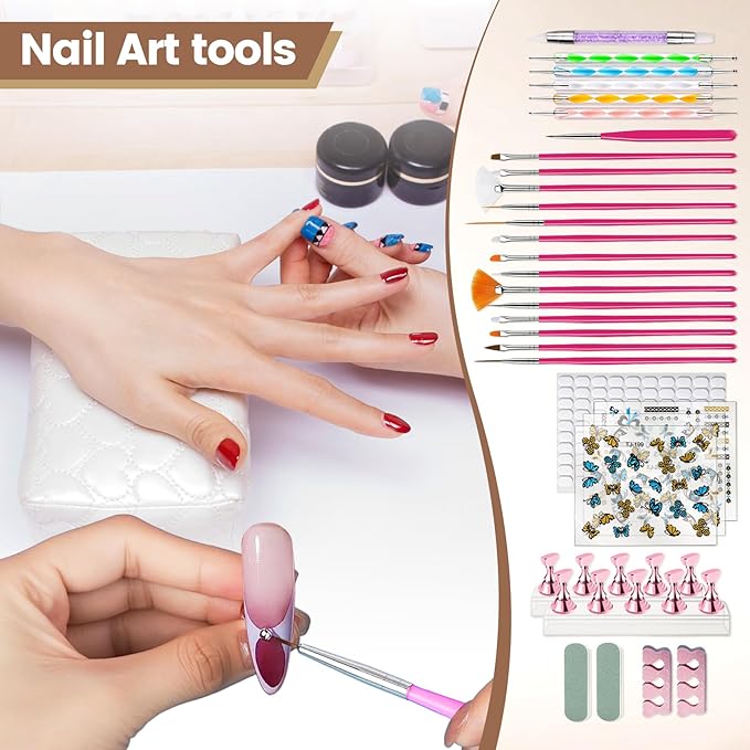 Nail Art Tools Set, 15 Nail Art Brushes 6 Nail Dotting Tool 3 Nail Stickers 2nail buffer 2 toe separator with Nail Stand Holder for Nail Tech & Beginners Nail Art Supplies Kit (Pink)
