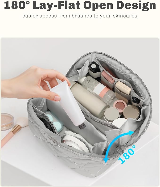 Hynes Eagle Travel Makeup Bag for Women Puffy Cosmetic Organizer Pouch Open Flat Toiletry Bag for Toiletries, Brushes Grey