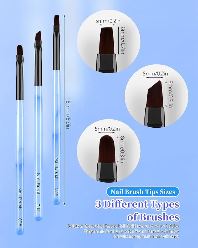 3PCS Nail Art Clean Up Brushes, Round/Angled/flat Acetone Resistant Gel Nail Polish Remover Brush, Nail Brushes for Tidying Up Polish Mishaps on Cuticles, and Nail Art Designs（Marble Blue）