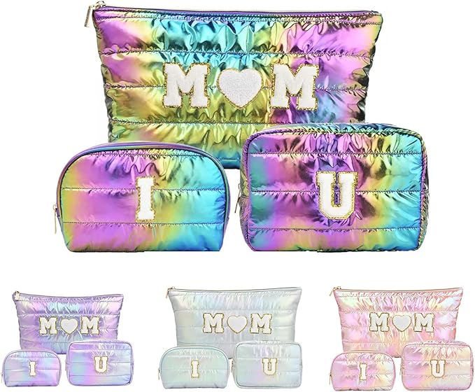 Hiroyuki 3pcs Iridescent Quilted Makeup Bag (ILOVEUMOM, rainbow)