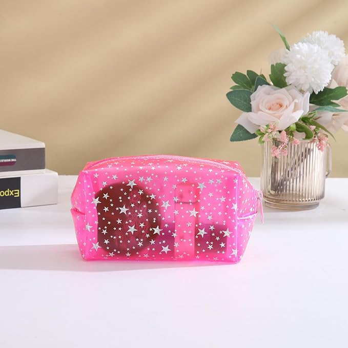 Yaopeing 2Pcs PVC Clear Makeup Bag Organizer for Women,Star Transparent Cosmetic Case Travel Toiletry Pouch with Zipper,Large Make Up Purse for Daily Accessory,Pink
