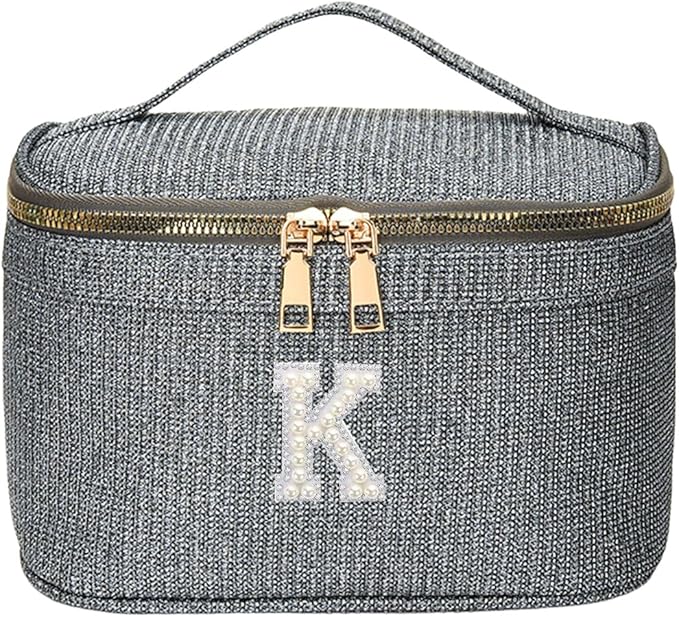 EURYNOME Makeup Bag with Custom Letter K, Water-Resistant Travel Organizer Pouch, (8.3x5.1x5.1 Inch) Cosmetic Case for Women