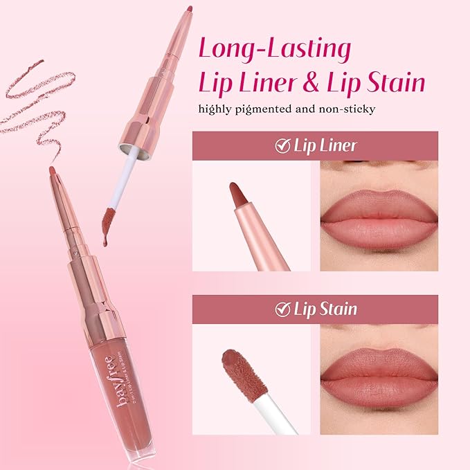 bayfree 2-IN-1 Lip Liner and Lip Stain, High Pigmented Long Lasting Velvet Lip Tint, Well-Defined Lipliner, Weightless Waterproof Not Animal Tested, Matte Finish Makeup