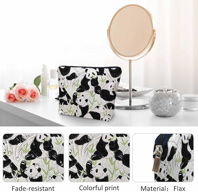 Panda Makeup Organizer Bag Cosmetic Bag For Men Women, Cute Pandas Forest Bamboo Leaves Panda Travel Toiletry Bag Flax Makeup Bags Purse Business Makeup Pouch For Toiletries Cosmetics