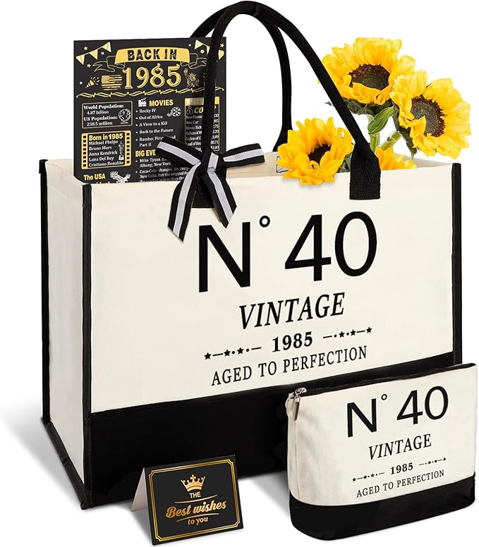 40th Birthday Gifts for Women Canvas Tote Bag Travel Gear, Unique 40 Years Old Birthday Gifts for Her Mom Wife Aunt Friends, Vintage N40 Handbag & Cosmetic Bag & Back in 1985 Poster