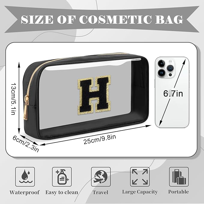 Personalized Initial Letter Clear Makeup Bag,Preppy Small Nylon&PVC Cosmetic Zipper Bag with Chenille Letter,Travel Skincare Toiletry Bag,Monogram Christmas Gift for Teen Girls Women,H