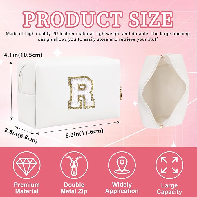 Personalized Initial Letter Patch Makeup Bag, Preppy Portable Chenille Letter Cosmetic Bag with Zipper, PU Leather Waterproof Travel Toiletry Bag Monogram Make Up Pouch for Women Girls(Letter R)