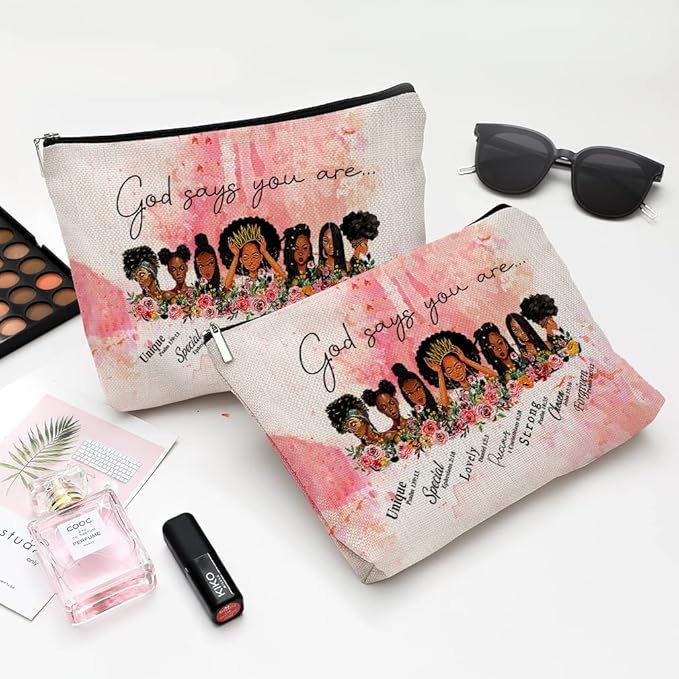 Cute Makeup Bag for Purse Canvas Waterproof Funny Cosmetic Bags for Women Zipper Travel Toiletry Pouch-African American Women Makeup Bags