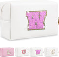 Personalized Initial Letter Patch Makeup Bag, Preppy Glitter Letter Makeup Organizer, Cute Monogrammed Pouch Cosmetic Bag PU Leather Waterproof Travel Toiletry Bag, Gift for Women Teen Girls(Letter W)