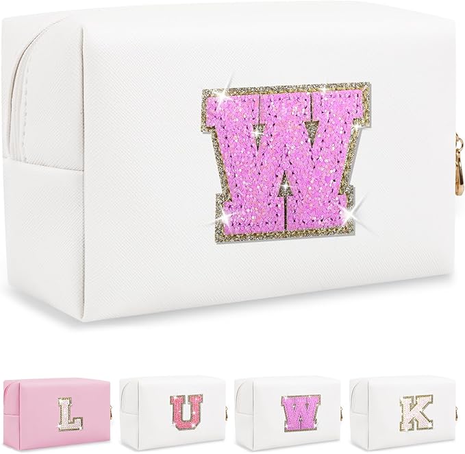 Personalized Initial Letter Patch Makeup Bag, Preppy Glitter Letter Makeup Organizer, Cute Monogrammed Pouch Cosmetic Bag PU Leather Waterproof Travel Toiletry Bag, Gift for Women Teen Girls(Letter W)
