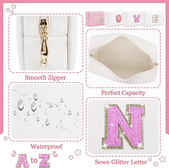 Personalized Initial Letter Makeup Bag, Small Glitter Letter Patch Cosmetic Pouch Zipper, Preppy Makeup Organizer PU Waterproof Travel Toiletry Bag, Monogrammed Birthday Gift for Women Girls