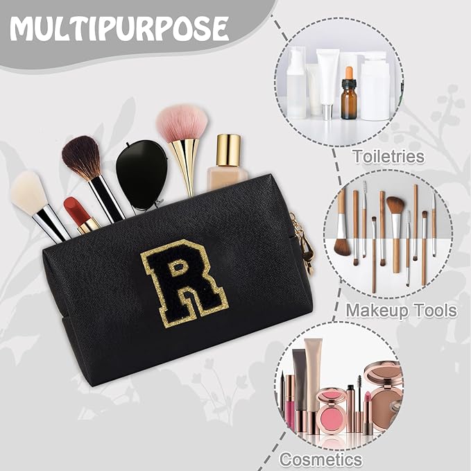 Small Travel Initial Preppy Makeup Bag, Personalized Black Cute Cosmetic Organizer Chenille Letter Toiltery Zipper Pouch for Purse, Waterproof Makeup Storage Gifts for Female Teacher Friend(Letter R)