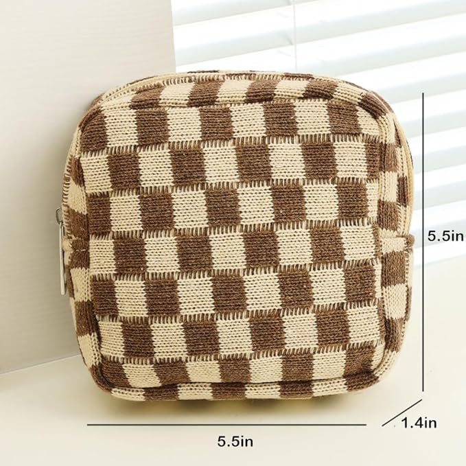 Small Brown Makeup Bag for Purse, Mini Checkered Cosmetic Bag Zipper Cute Make Up Pouch Travel Toiletry Bag Quilted Aesthetic Accessories Makeup Storage Bag Organizer for Women Girls