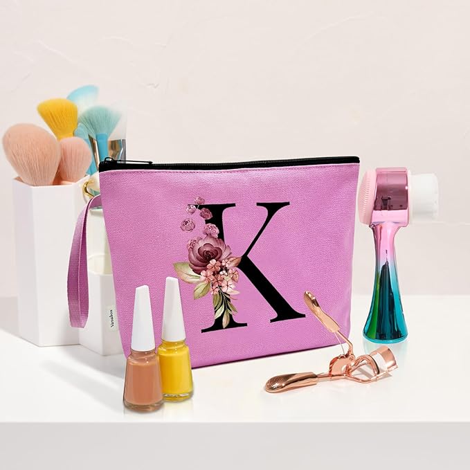 Vavabox A-Z Personalized Makeup Bag, Birthday Gifts for Women Mom, Gifts for Best Friend, Bride Bridesmaid Cosmetic bag (K, Purple)
