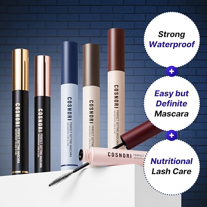COSNORI Perfect Setting Waterproof Mascara Volume & Curl - Volumizing Mascara Black – Thicker, Voluminous Eyelashes – Waterproof, Smudge Proof, Clump Free – Irritation Free Tested, 0.24 fl.oz.