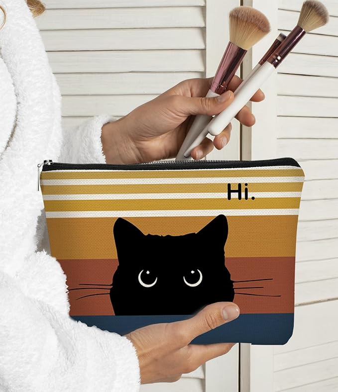 Cute Cat Makeup Bag, Black Cat Kitty Cosmetic Pouch, Sunset Color