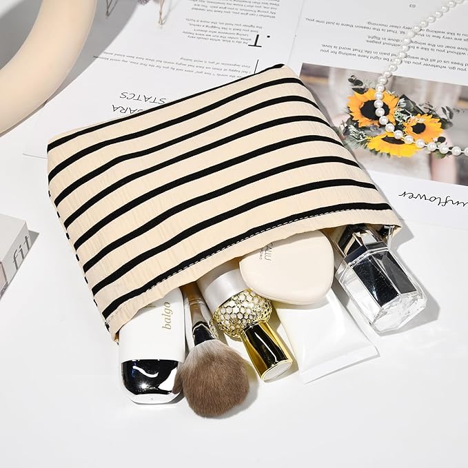 SOIDRAM 2 Pieces Makeup Bag Large Stripe Cosmetic Bag Capacity Canvas Mix Travel Toiletry Bag Organizer Cute Makeup Brushes Aesthetic Accessories Storage Bag for Women, Stripe Mix White