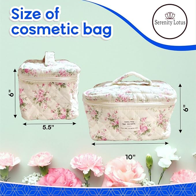 Large Travel Quilted Makeup Bag for Women, Floral Cotton Cosmetic Bag, Coquette Aesthetic Floral Toiletry Organizer Bag