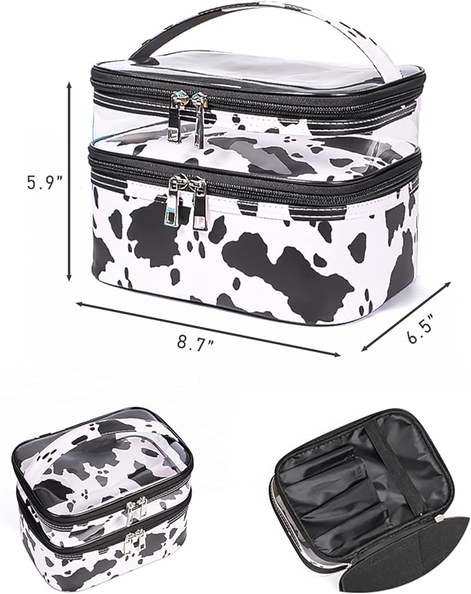 Double-layer Cosmetic Bag Makeup Bag Travel Makeup Bag Makeup Bags for Women Cosmetics Cases Portable Waterproof Foldable (Cow Print)
